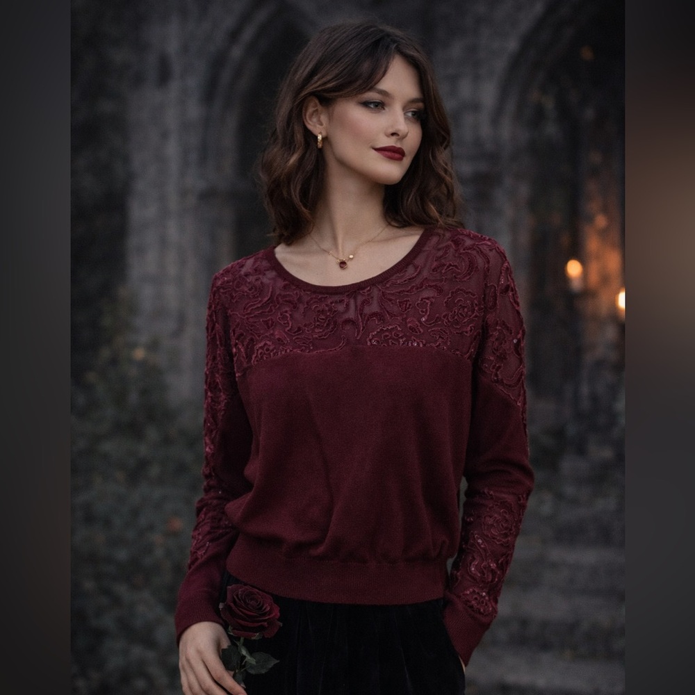 Joseph A Women XL Velvet Burnout Short Sleeve Scoop Neck Burgundy Maroon Top